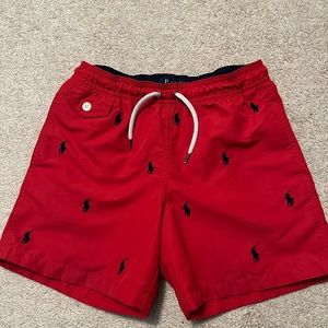 Boys Size Small (8) Ralph Lauren Swim Trunks Red with Navy Blue ponies